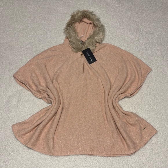Black Rivet Sweaters - Black Rivet Women Pink and Gold Faux Fur Trim Hooded Poncho